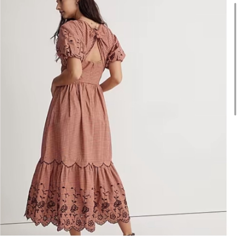 Madewell checkered summer cotton midi dress with tie back embroidered size 8